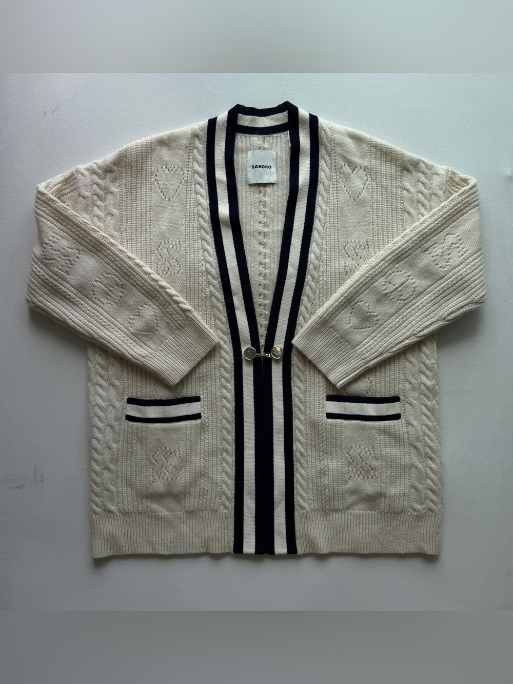 Sandro Erwan Long Cardigan-Coat with Pointelle Knit Size 2 - Picture 14 of 16